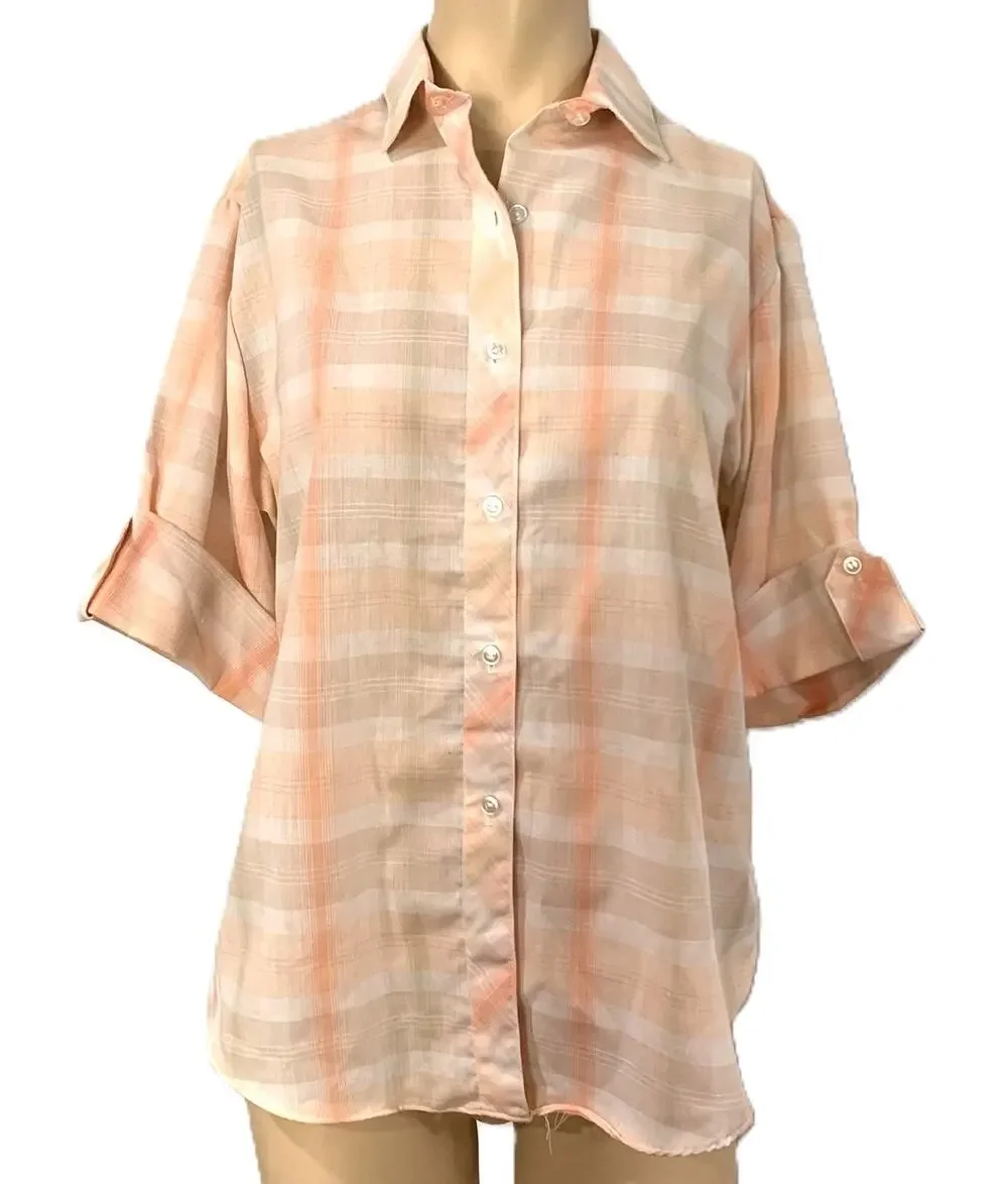 Vintage Peach Pastel Plaid Button Up Short Sleeve Shirt Women Size 14